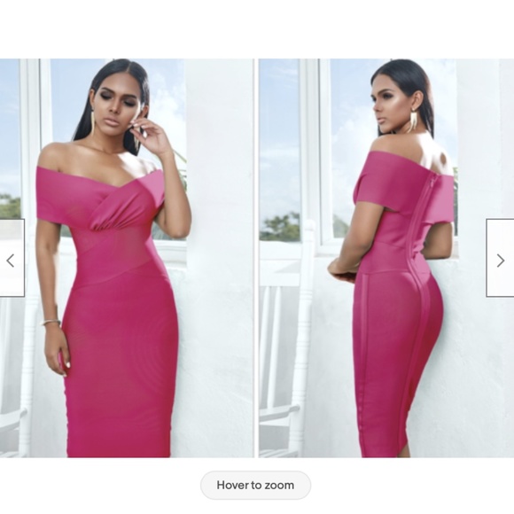 NEW OFF THE SHOULDER BARDOT BANDAGE DRESS MARGOT ROBBIE NAOMI DRESS MAGENTA PINK - Picture 7 of 10